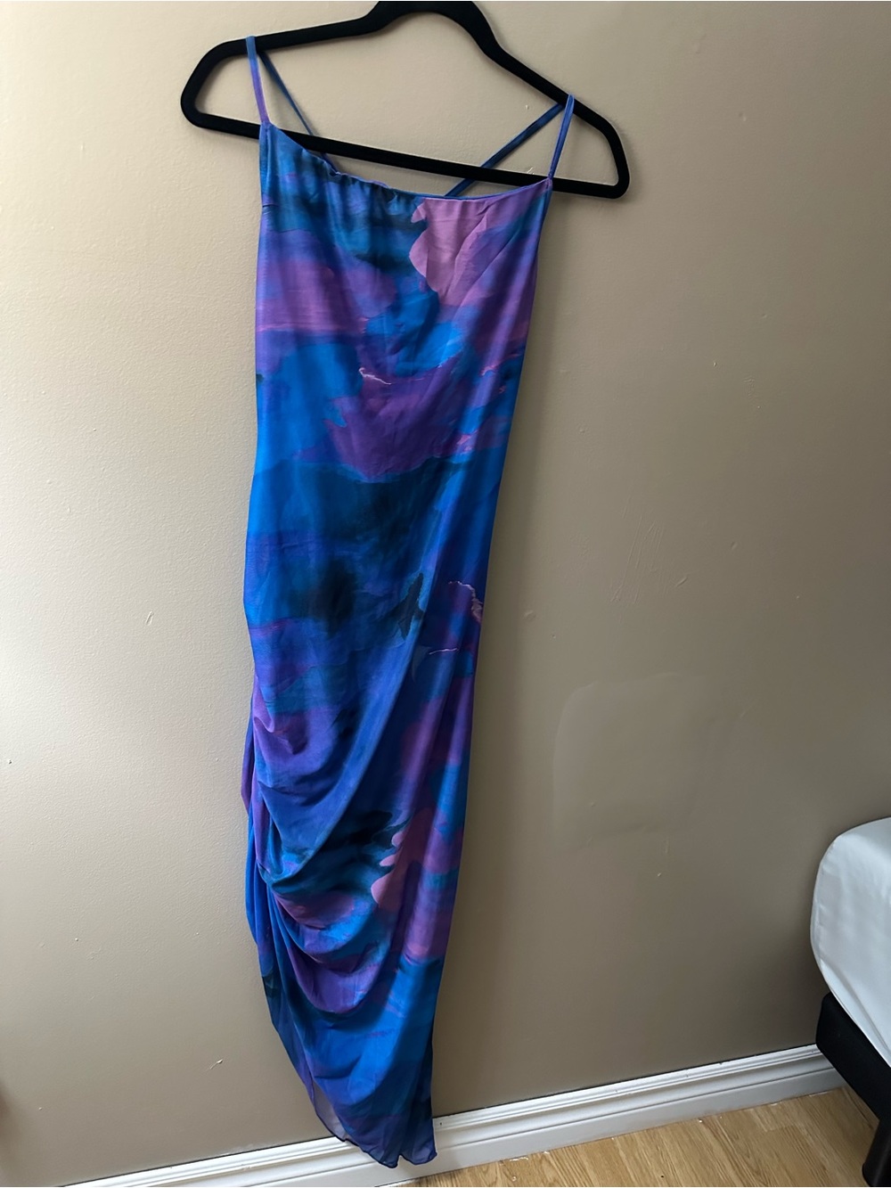SHEIN Blue Purple Mesh Watercolor Ruched Asymmetrical Midi Dress - Size XL